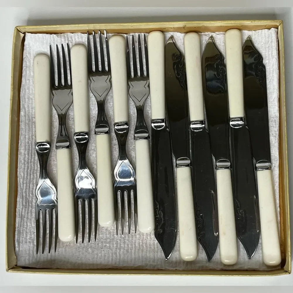 Fish Cutlery‎ Knives and Forks 6 Set Boxed Stainless Steel England Vintage